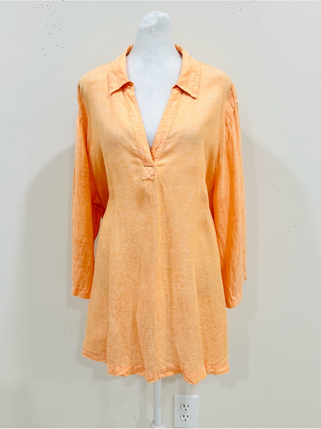 Tahari Linen Tunic Top Womens 2x Orange 3/4 Sleeve Button Side Split Neck